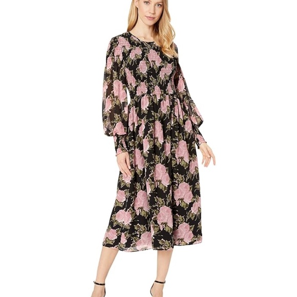 WAYF Black/Pink Floral Smocked Midi Women’s Dress, Size Large - Picture 1 of 4